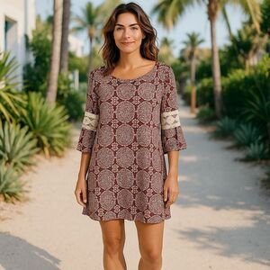 Luxology Red Cream Floral Mosaic 60’s Vibe Groovy Hippie Shift Dress Size 8
